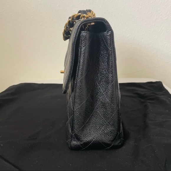 Sold 24k gold plated Black Chanel Caviar Jumbo single flap bag - Picture 7 of 17